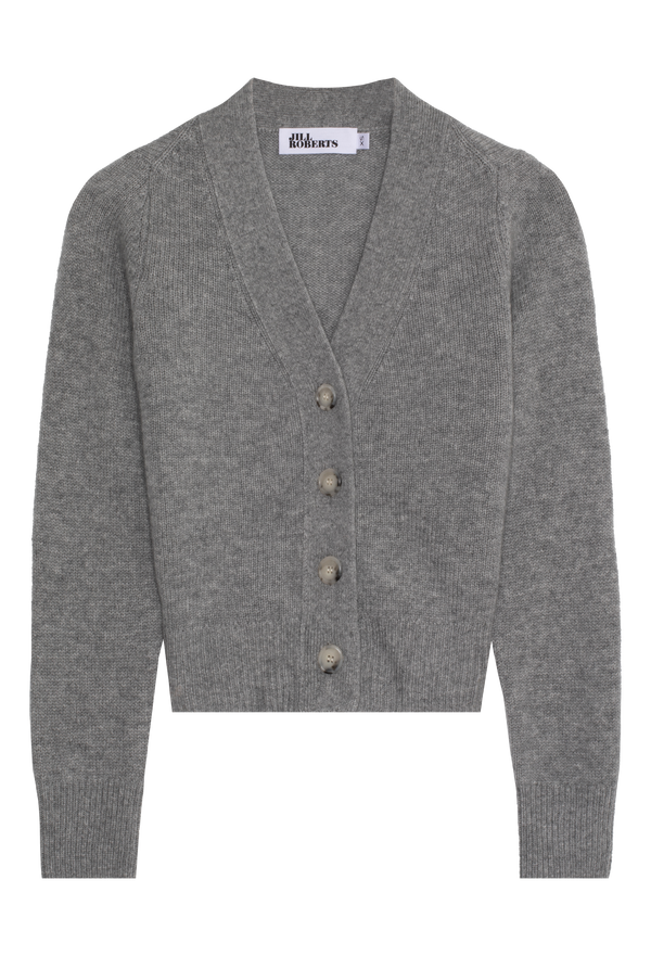 Gray heathered cardigan with large button details on a transparent background