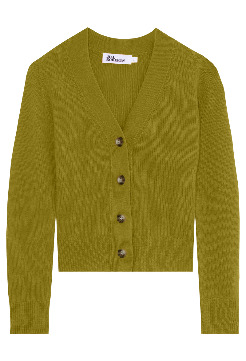 a yellowish green v-neck cashmere cardigan with four large buttons. transparent backgound.