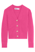 a hot pink cashmere v-neck cardigan with four large creamy buttons. transparent background.