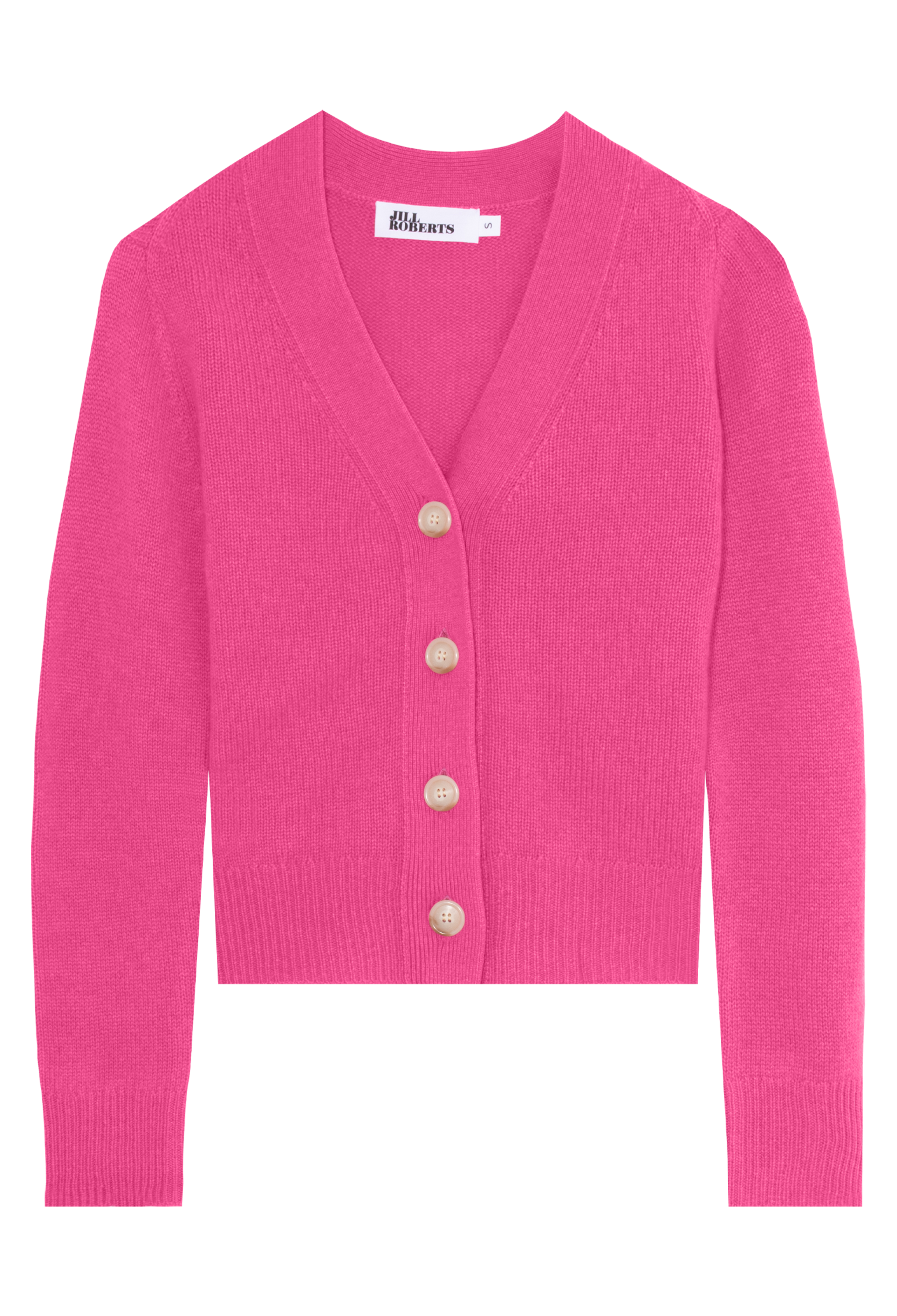 a hot pink cashmere v-neck cardigan with four large creamy buttons. transparent background.