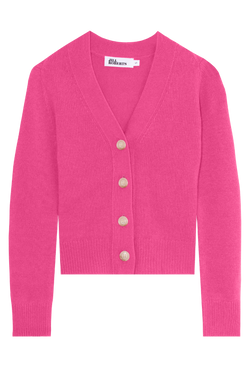 a hot pink cashmere v-neck cardigan with four large creamy buttons. transparent background.