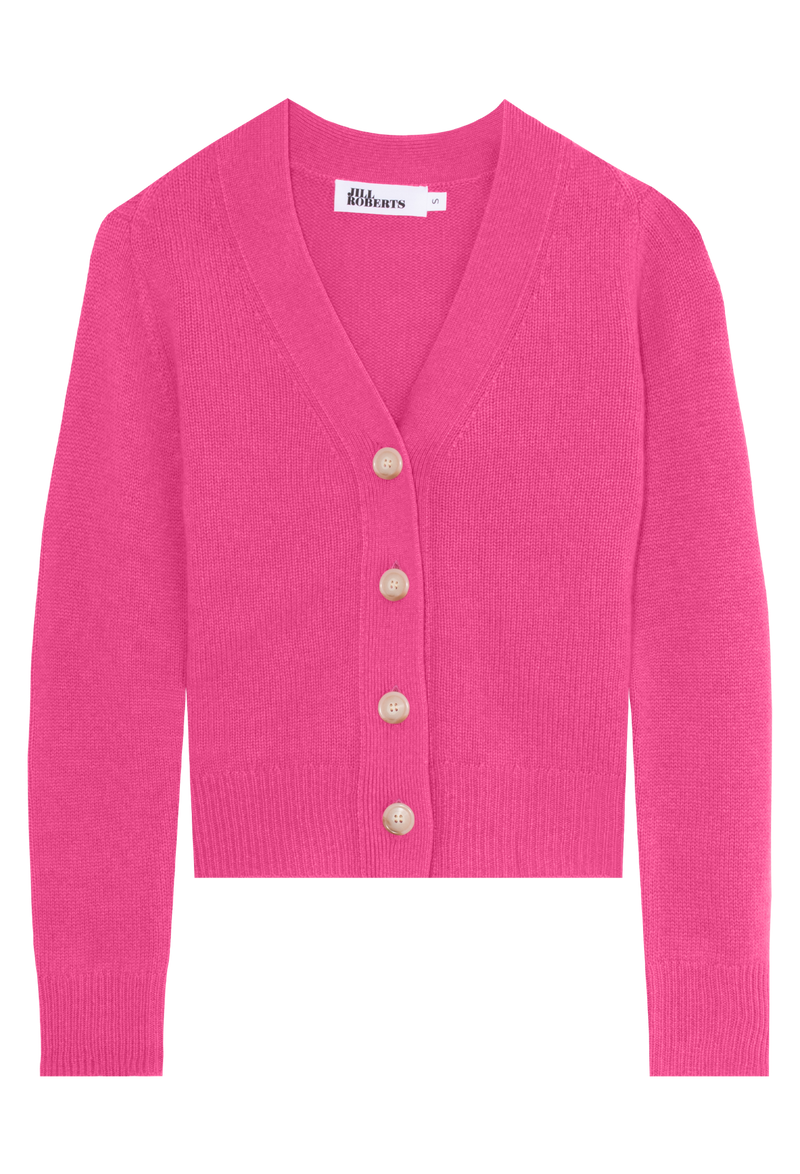 a hot pink cashmere v-neck cardigan with four large creamy buttons. transparent background.