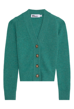 turquoise v-neck cashmere cardigan with large buttons on a transparent background.
