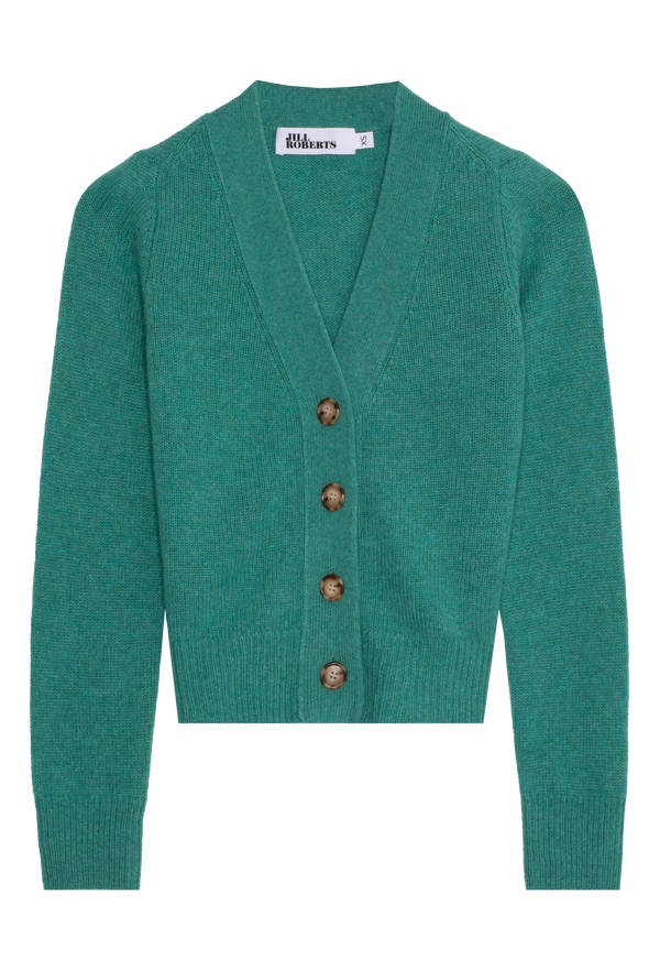 turquoise v-neck cashmere cardigan with large buttons on a transparent background.