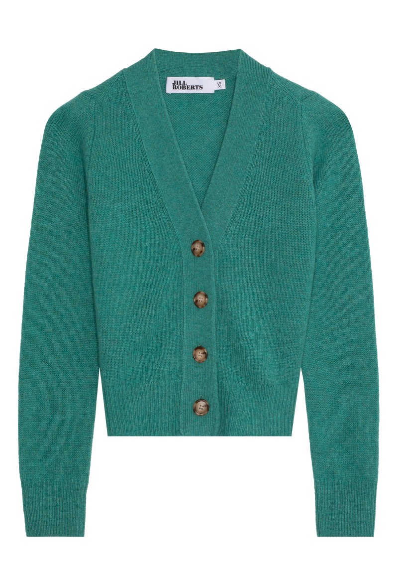 turquoise v-neck cashmere cardigan with large buttons on a transparent background.