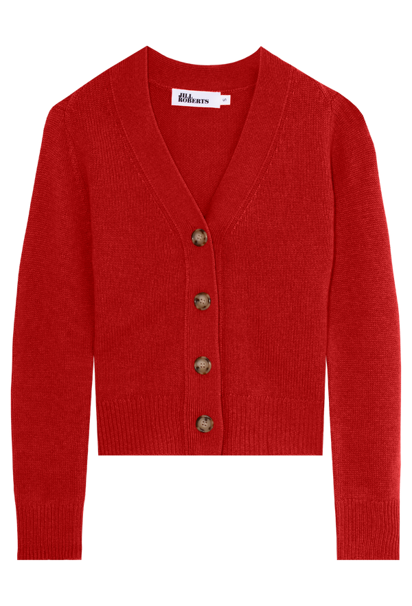 red cardigan with large buttons on a transparent background