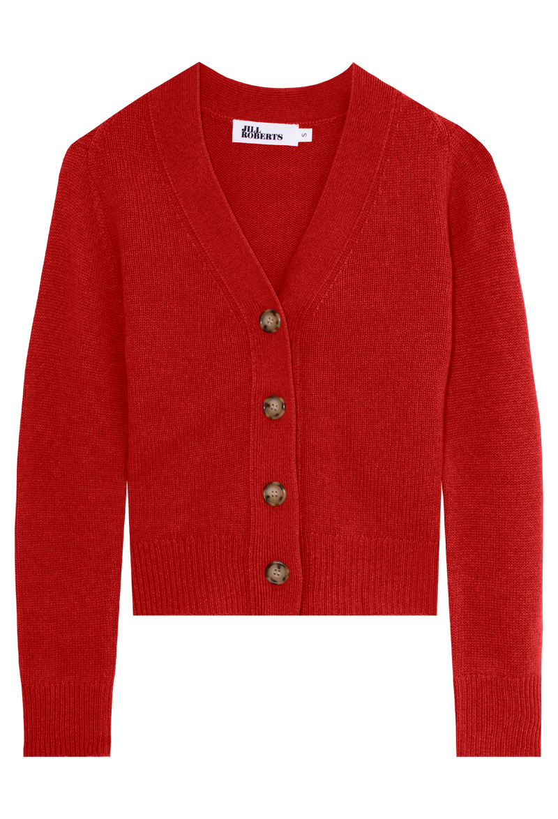 red cardigan with large buttons on a transparent background