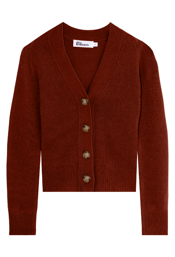 deep red-brown cardigan with large buttons on a transparent background