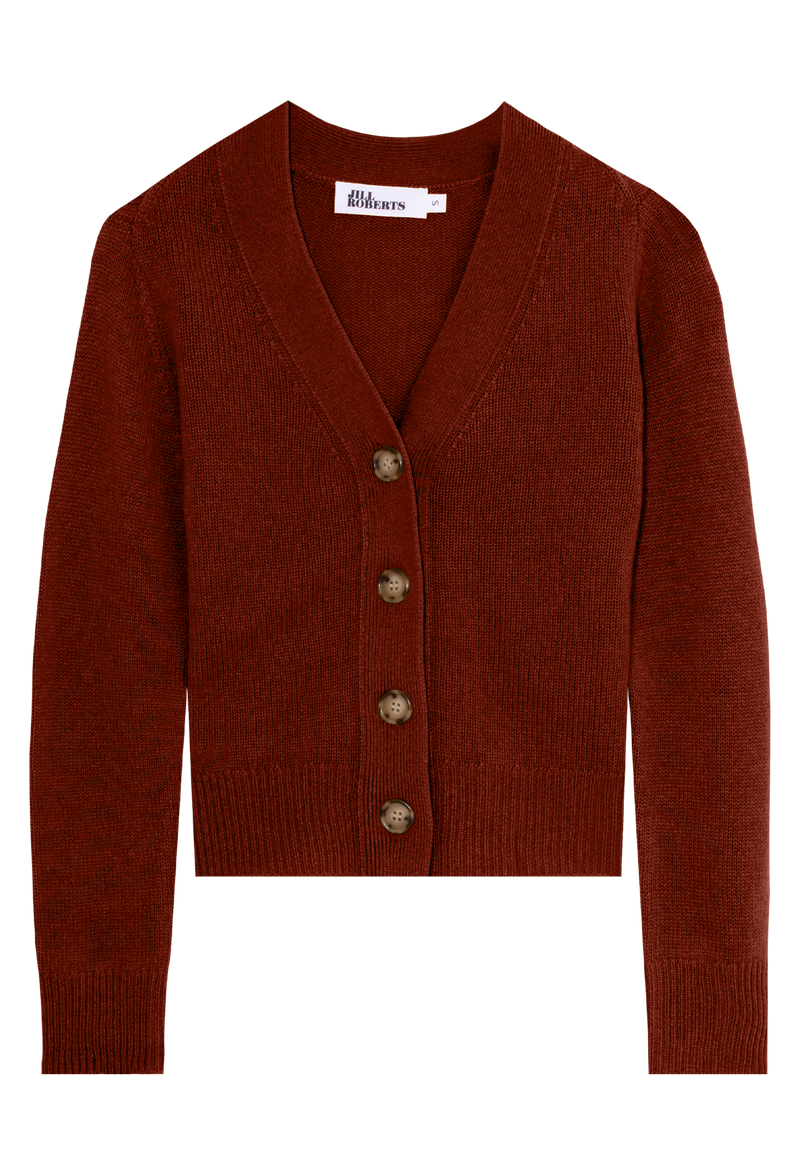 deep red-brown cardigan with large buttons on a transparent background