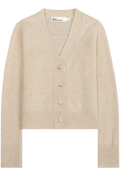 A light beige knit cardigan sweater with a V-neck, button-front closure, and ribbed cuffs and hem, shown on a plain white background.