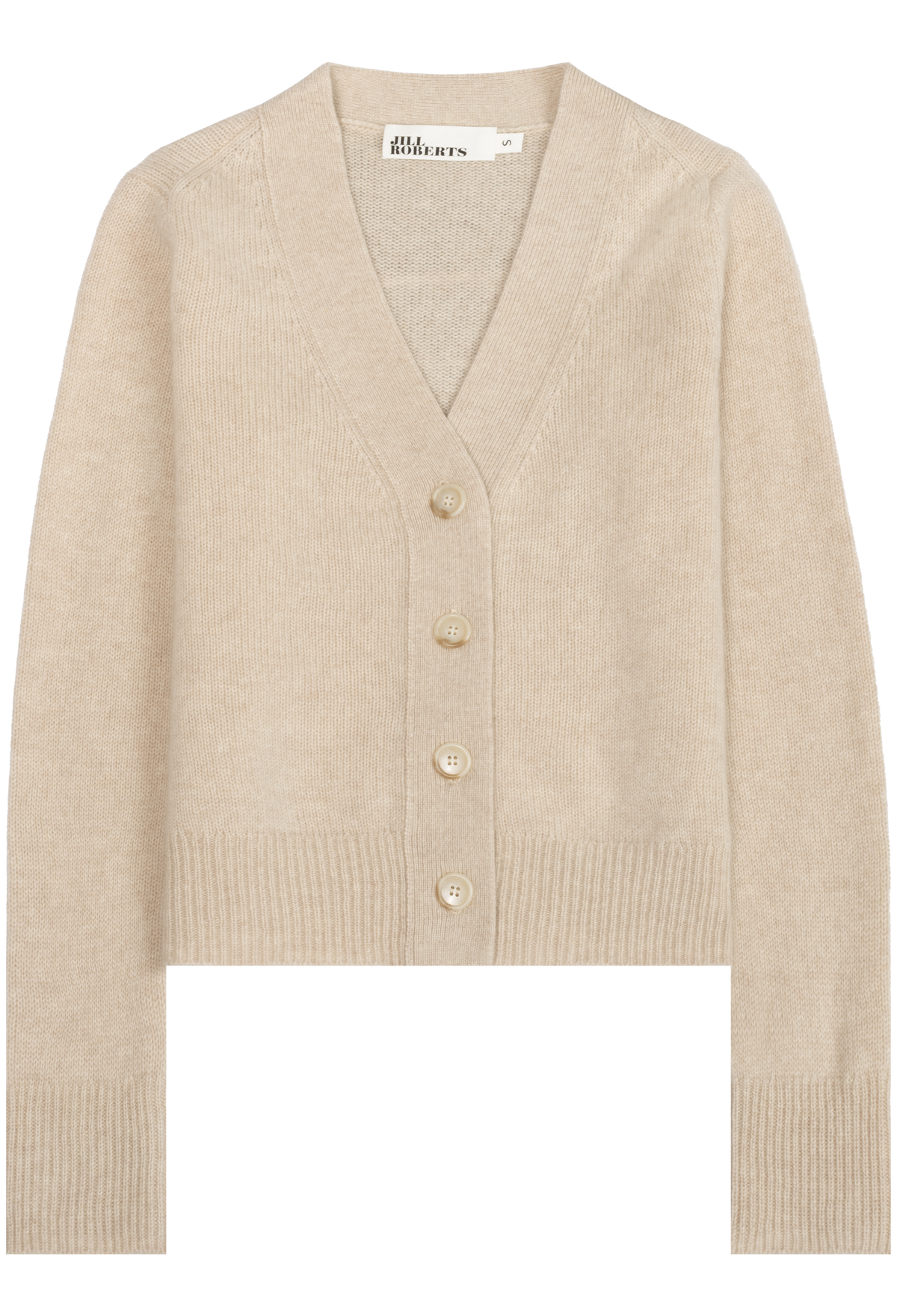 A light beige knit cardigan sweater with a V-neck, button-front closure, and ribbed cuffs and hem, shown on a plain white background.