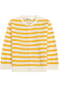 A cream and mustard yellow striped knit cardigan, featuring a round neckline, front button closure, and ribbed cuffs and hem.
