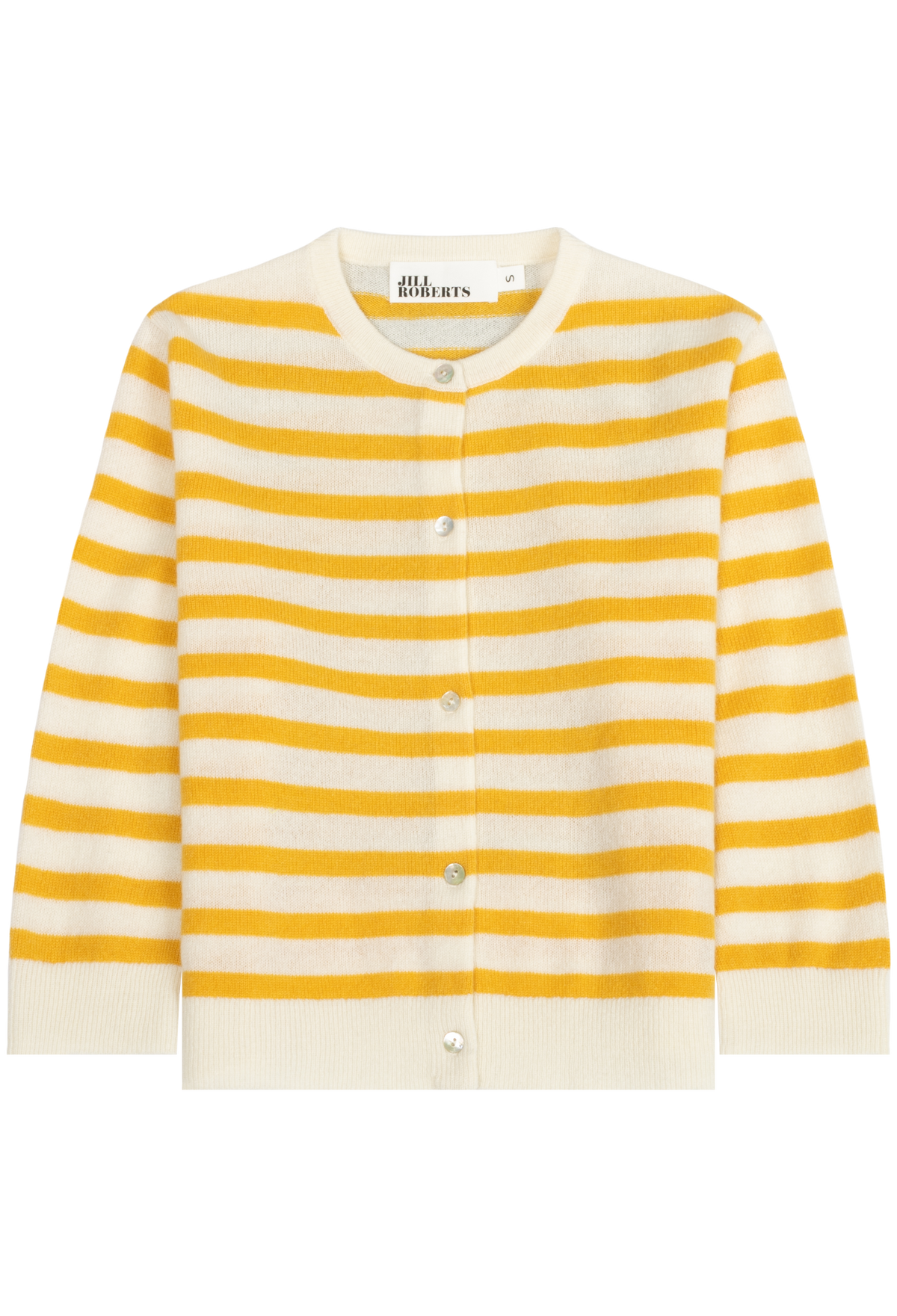 A cream and mustard yellow striped knit cardigan, featuring a round neckline, front button closure, and ribbed cuffs and hem.
