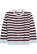 A knit cardigan sweater with horizontal stripes in light blue and deep burgundy, featuring a round neckline, button-front closure, and ribbed cuffs and hem.