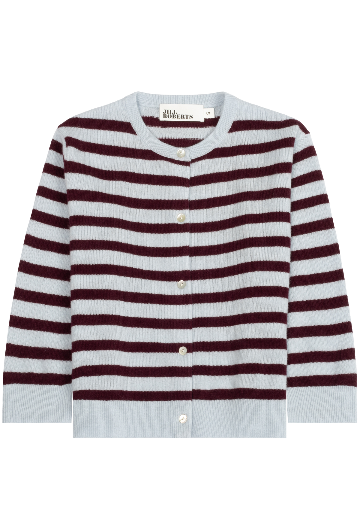 A knit cardigan sweater with horizontal stripes in light blue and deep burgundy, featuring a round neckline, button-front closure, and ribbed cuffs and hem.