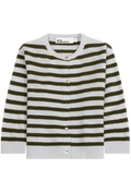 A striped cardigan sweater with horizontal olive green and light blue stripes, featuring a round neckline, button-front closure, and ribbed cuffs and hem.