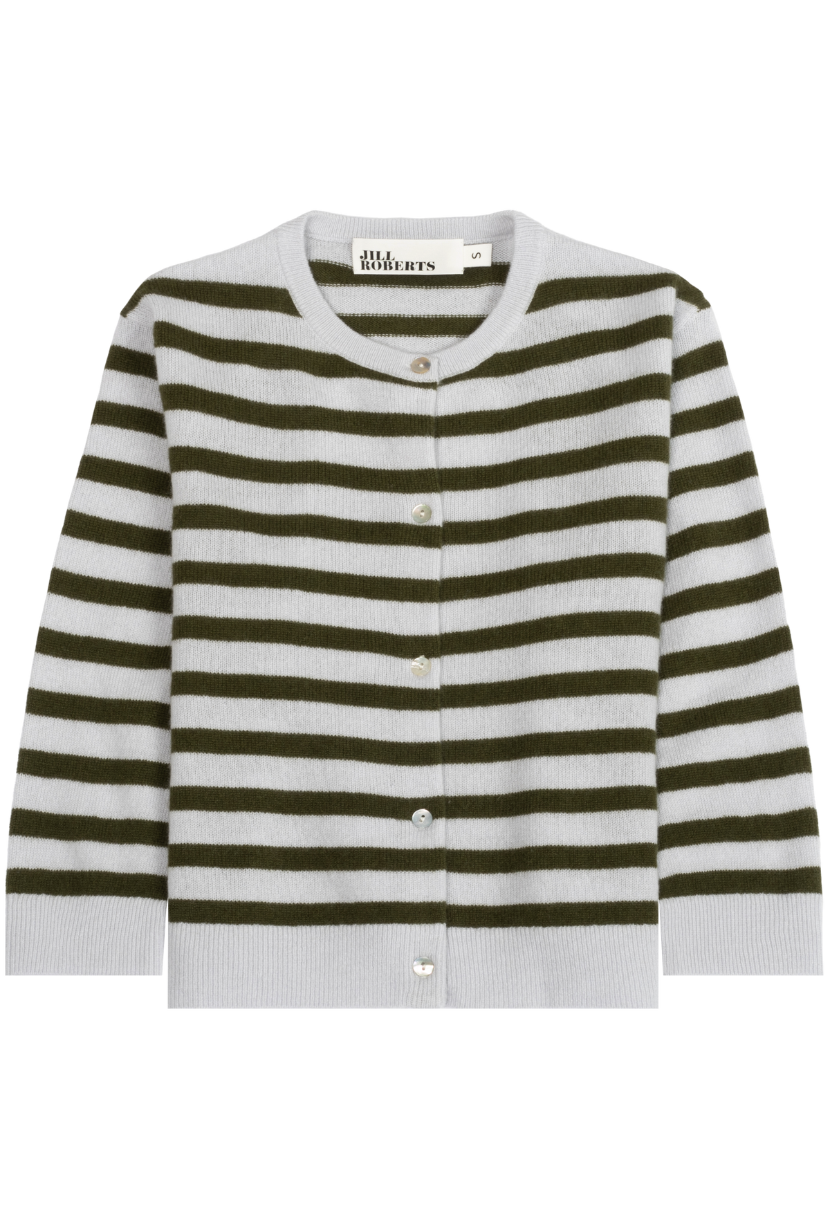 A striped cardigan sweater with horizontal olive green and light blue stripes, featuring a round neckline, button-front closure, and ribbed cuffs and hem.