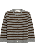A gray and brown striped cardigan sweater with a crew neck and button closure, shown flat against a white background.