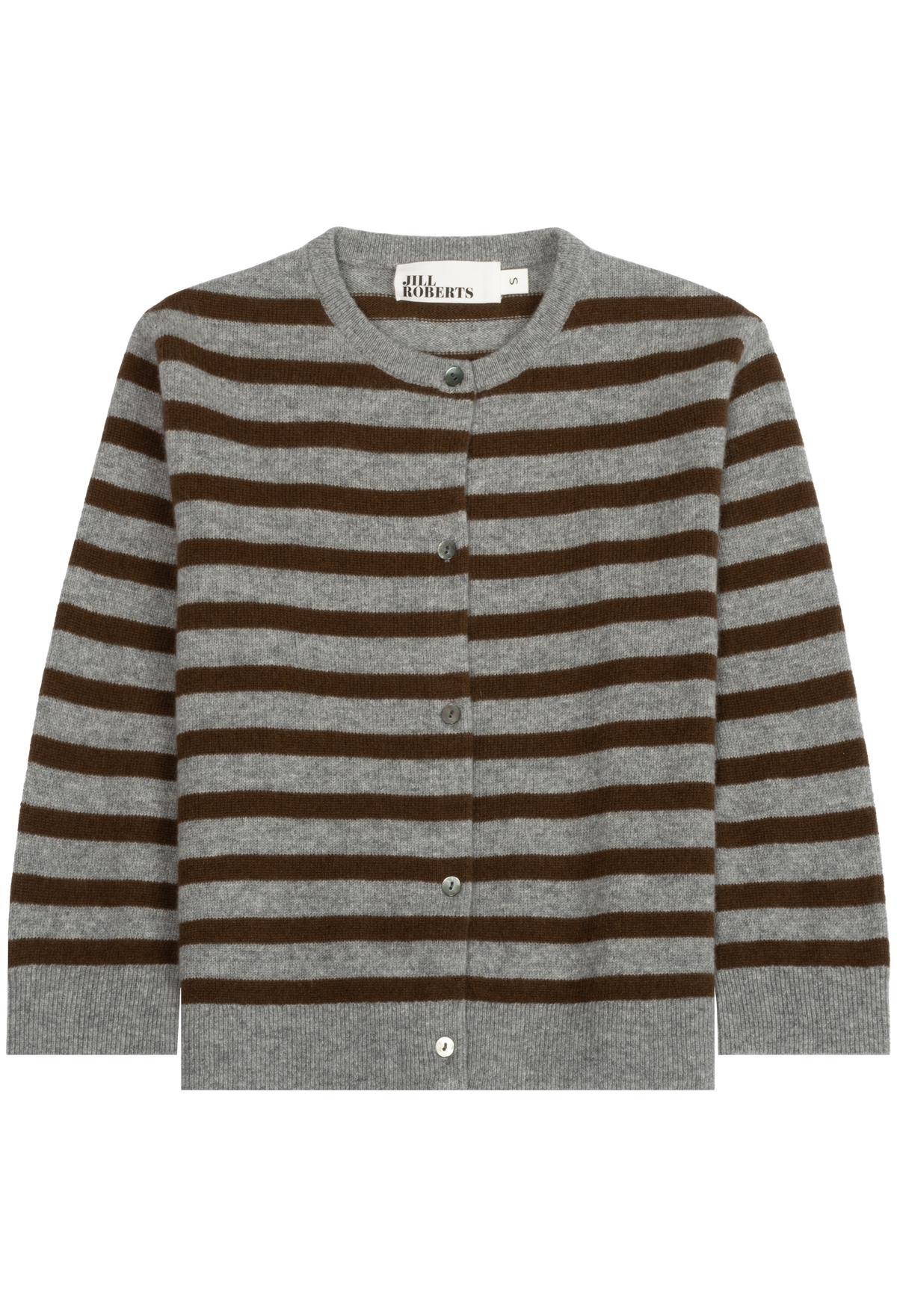 A gray and brown striped cardigan sweater with a crew neck and button closure, shown flat against a white background.