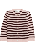 A pink and dark brown striped knit cardigan sweater with a round neckline, button-front closure, and ribbed hem and cuffs, shown flat against a white background.