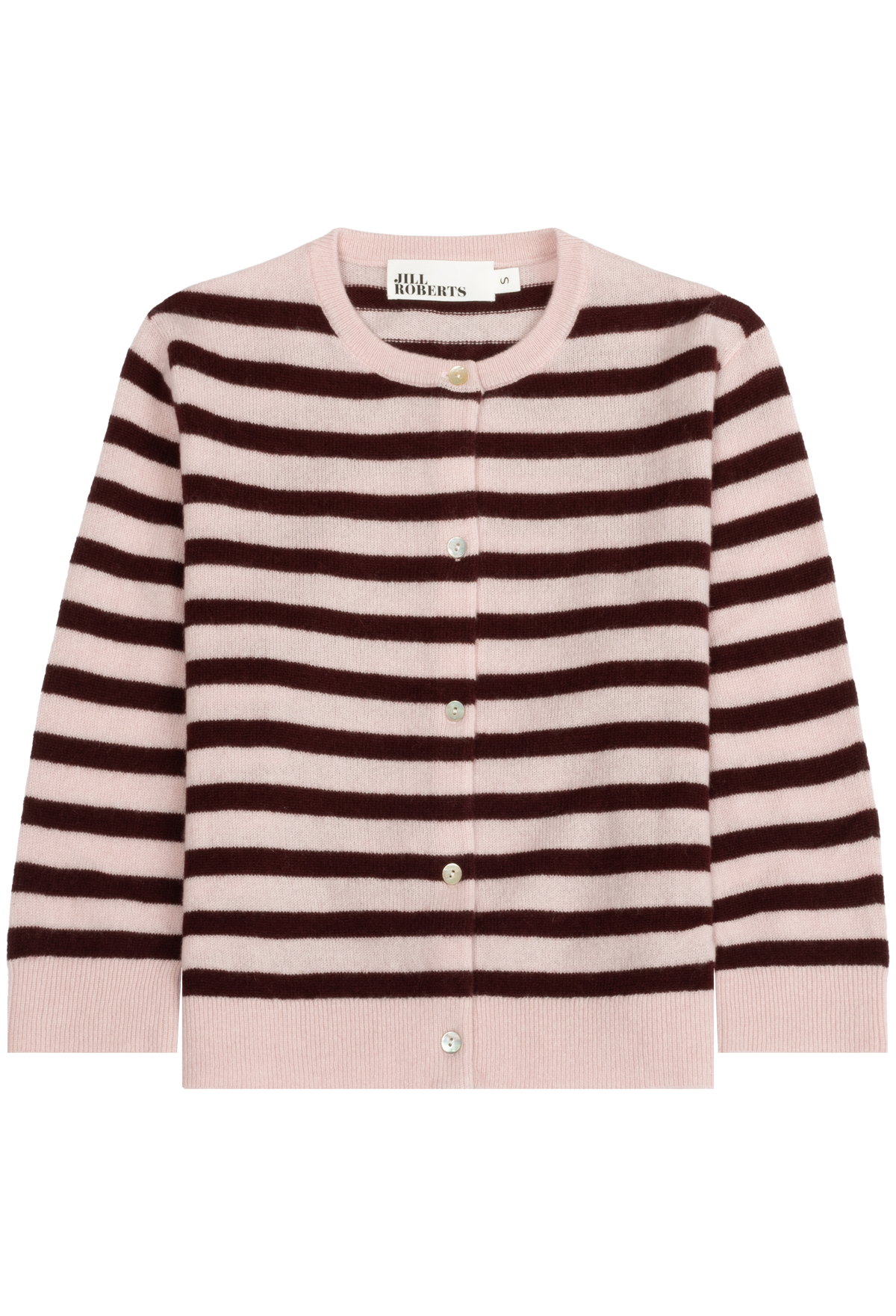 A pink and dark brown striped knit cardigan sweater with a round neckline, button-front closure, and ribbed hem and cuffs, shown flat against a white background.