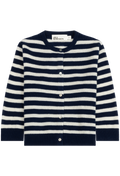 A navy blue and off-white horizontally striped knit cardigan sweater with a button-up front, shown flat against a plain white background. 
