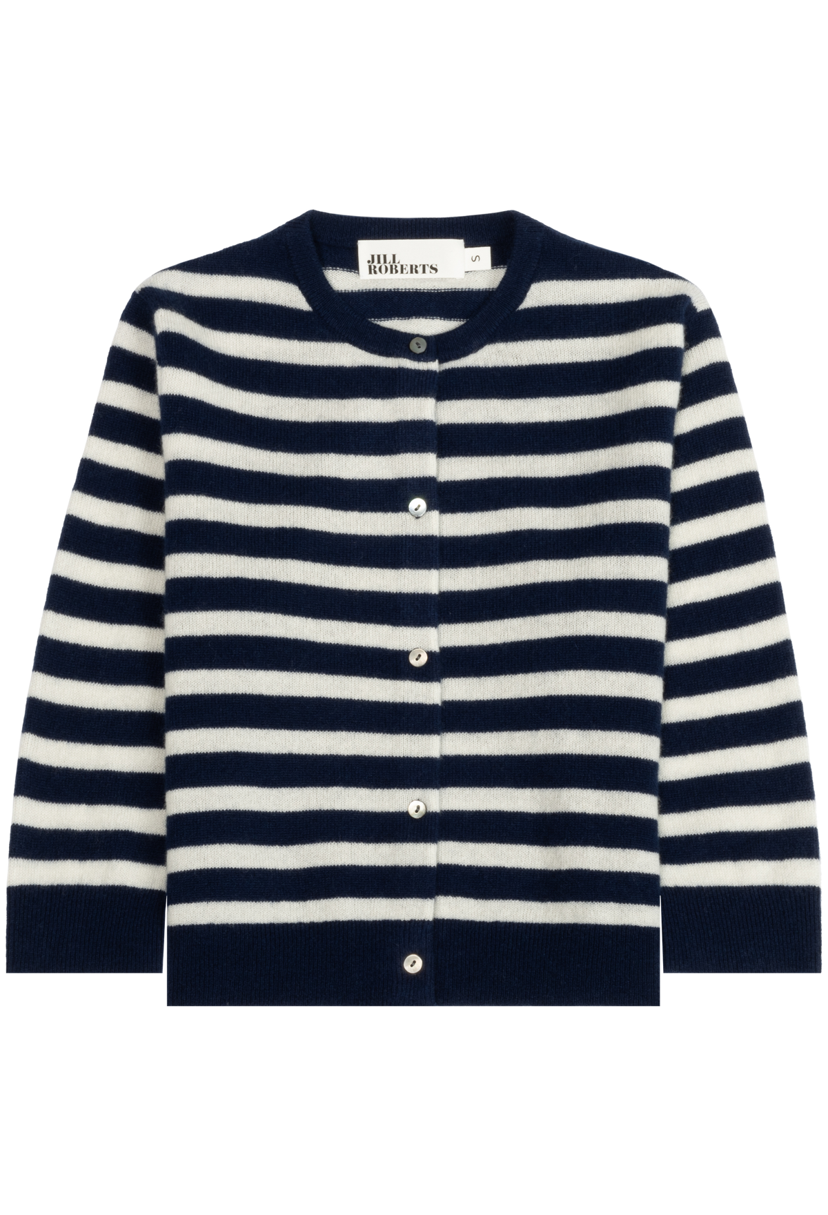 A navy blue and off-white horizontally striped knit cardigan sweater with a button-up front, shown flat against a plain white background. 