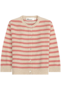 A knit cardigan sweater with horizontal stripes in beige and dusty pink, featuring a round neckline, button-front closure, and ribbed cuffs and hem.