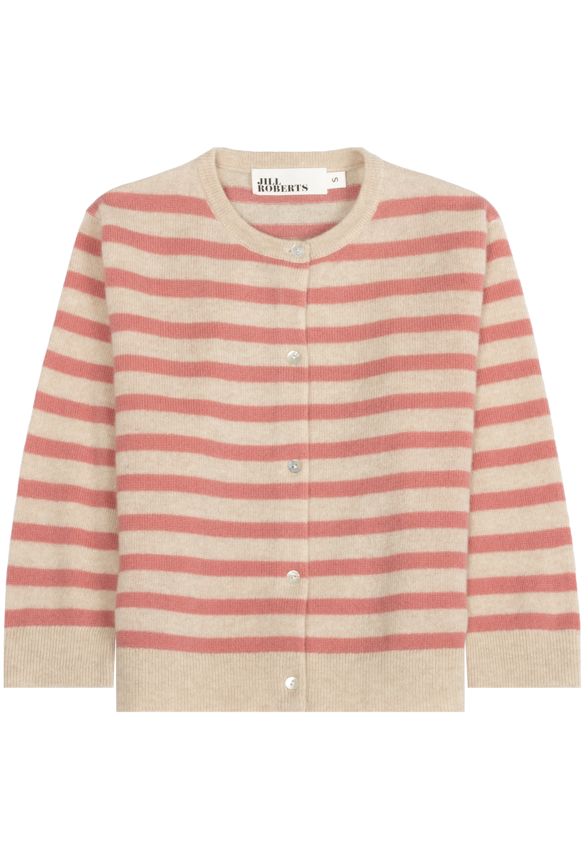 A knit cardigan sweater with horizontal stripes in beige and dusty pink, featuring a round neckline, button-front closure, and ribbed cuffs and hem.