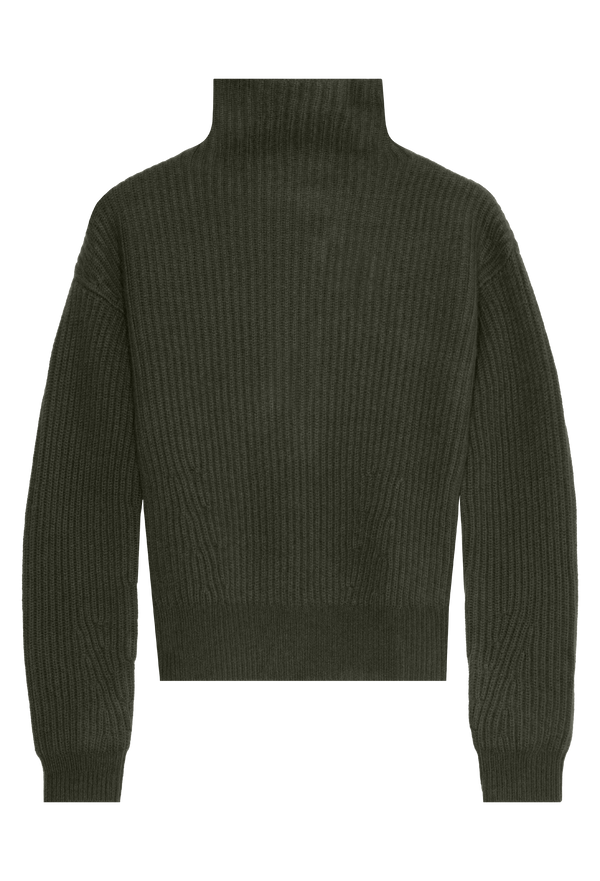 Dark green turtleneck sweater on a white background