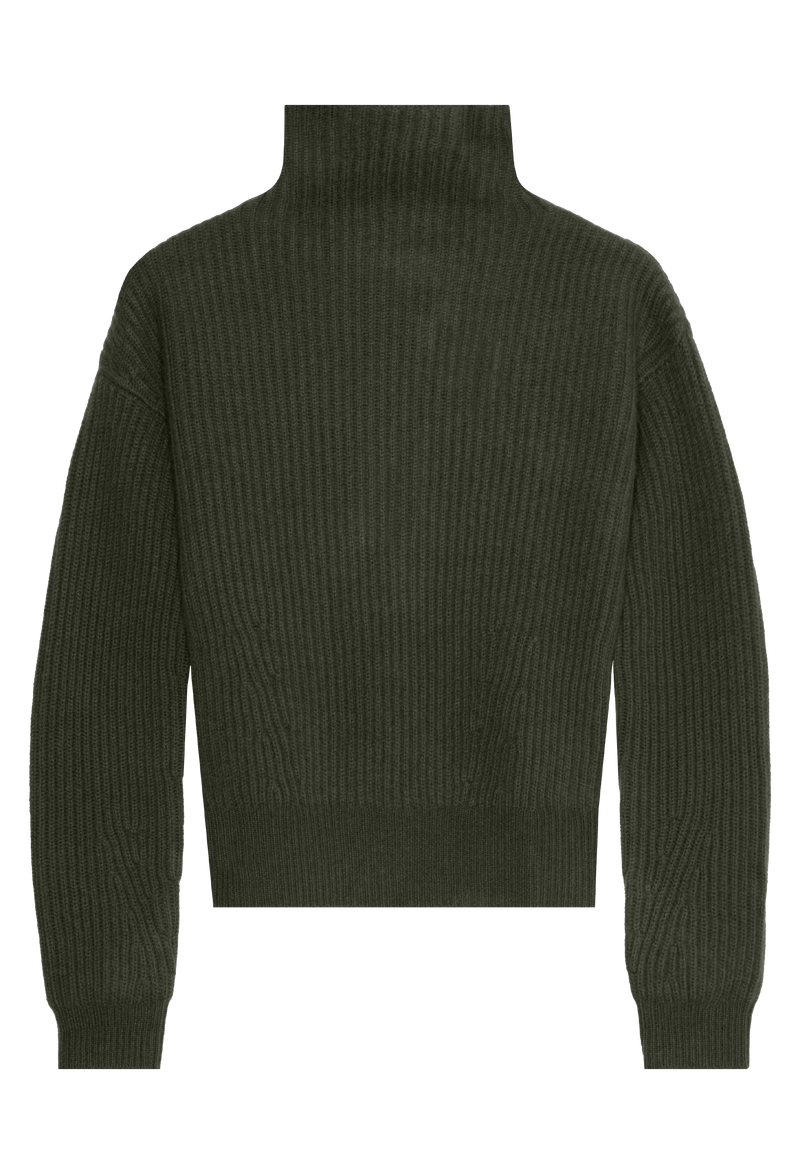 Dark green turtleneck sweater on a white background