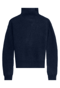 Navy blue turtleneck sweater on a white background