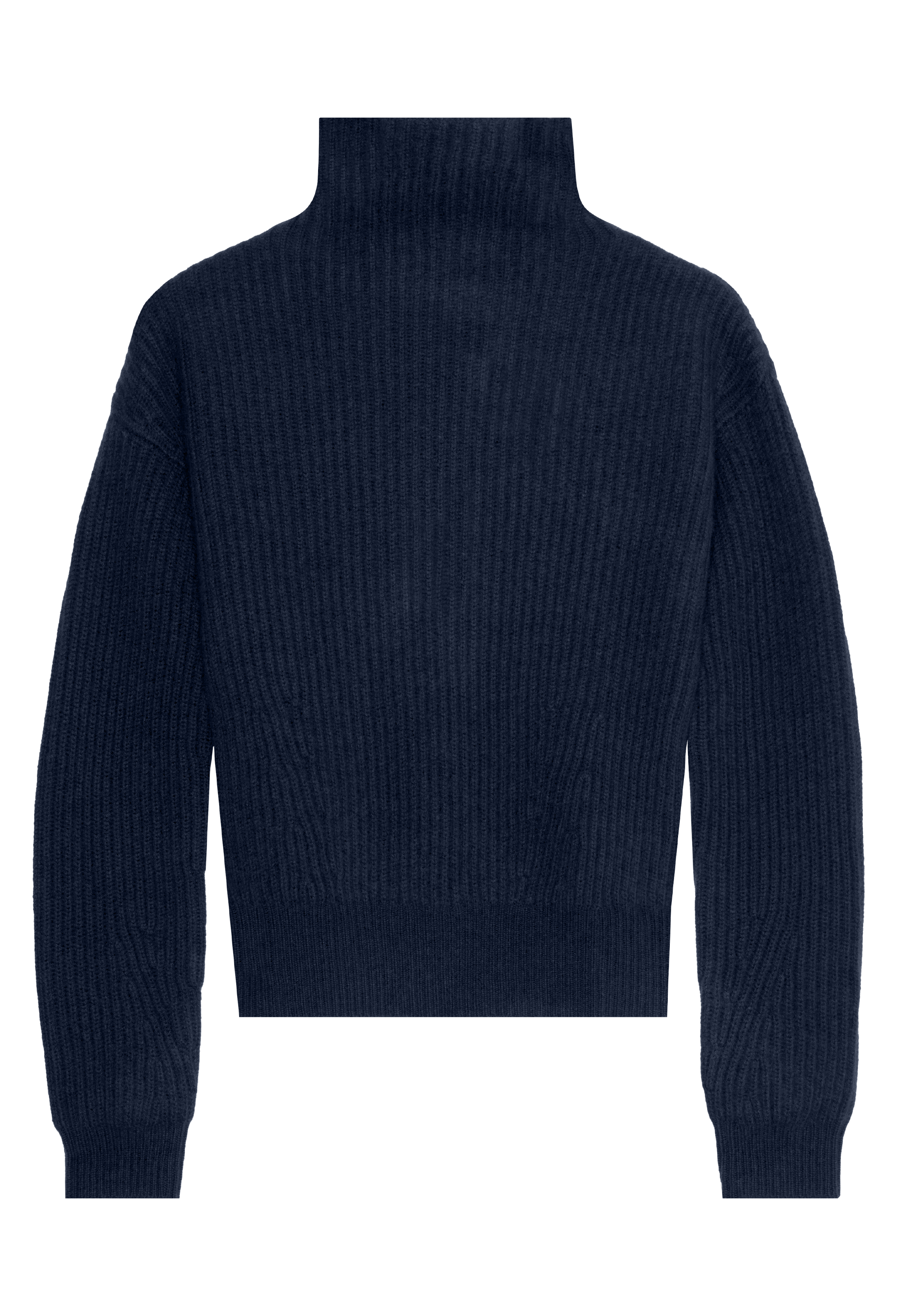 Navy blue turtleneck sweater on a white background