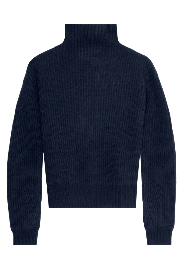 Navy blue turtleneck sweater on a white background
