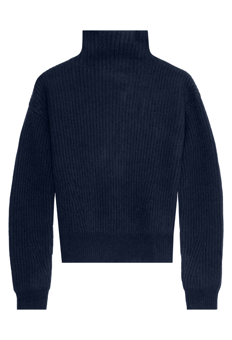 Navy blue turtleneck sweater on a white background