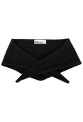 A heathered dark grey/black knit triangle neck scarf shown flat against a white background. 
