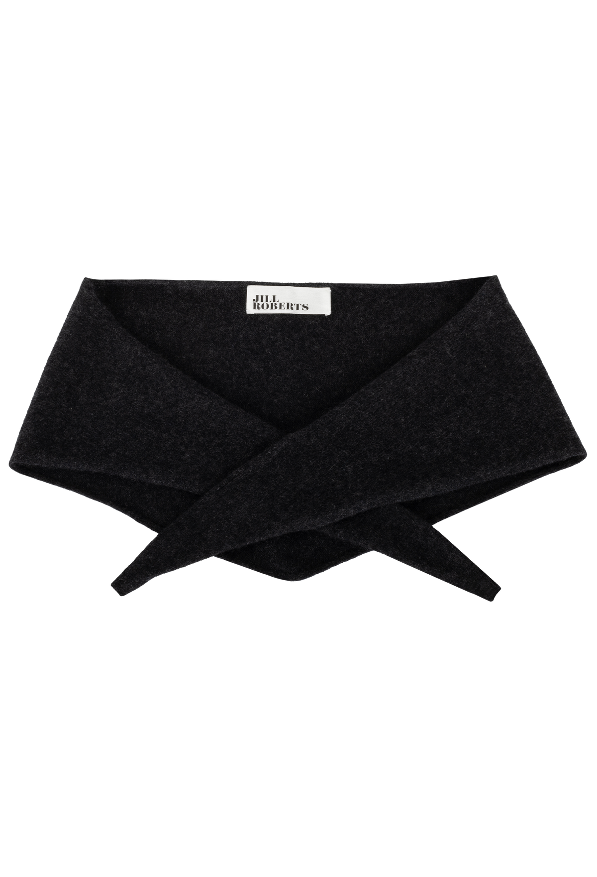 A heathered dark grey/black knit triangle neck scarf shown flat against a white background. 