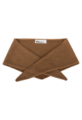 A light brown knit triangle neck scarf shown flat against a white background. 