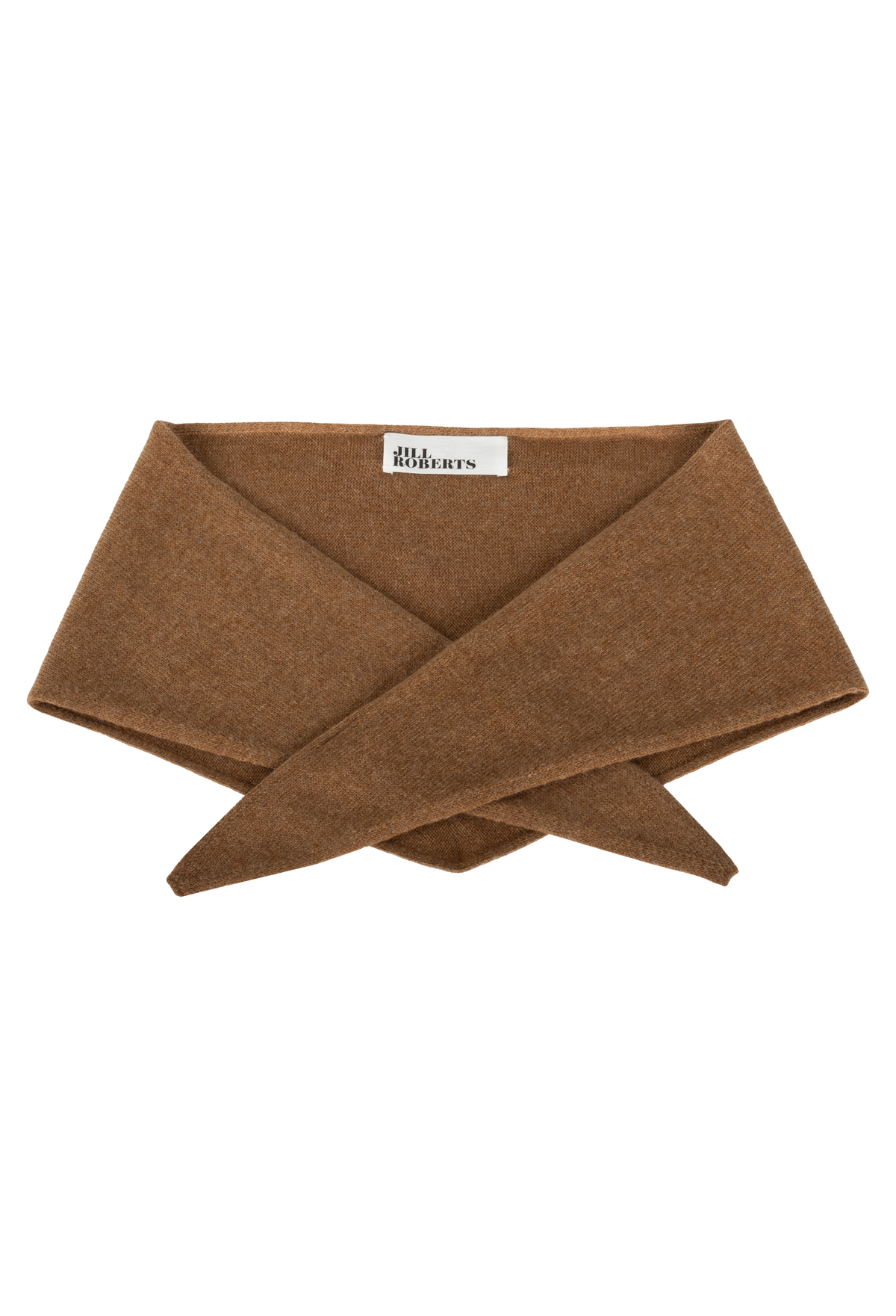 A light brown knit triangle neck scarf shown flat against a white background. 