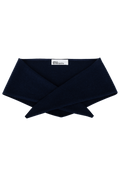 A dark navy knit triangle neck scarf shown flat against a white background. 