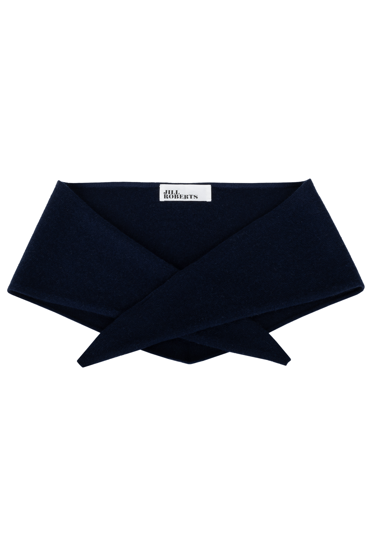 A dark navy knit triangle neck scarf shown flat against a white background. 