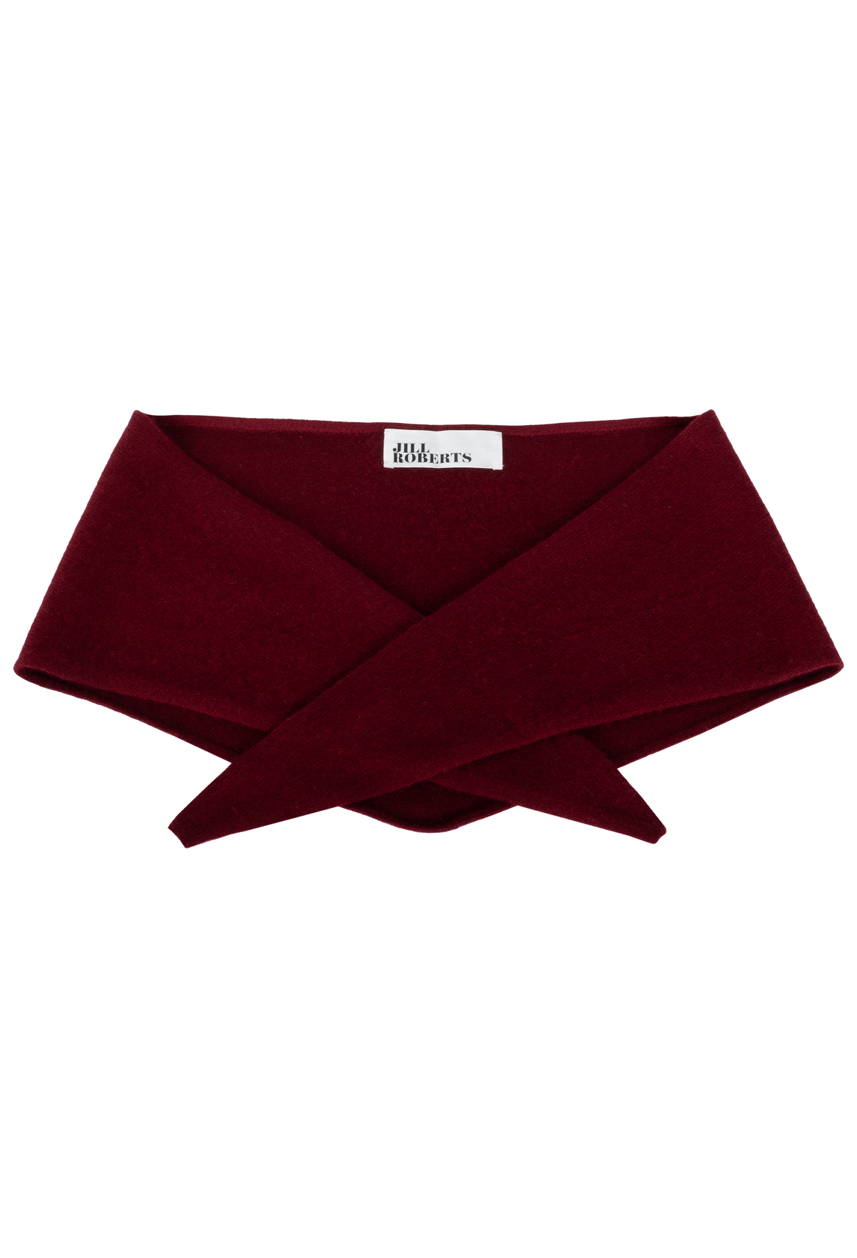 A lburgundy knit triangle neck scarf shown flat against a white background. 