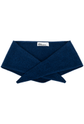 A dark blue knit triangle neck scarf shown flat against a white background. 