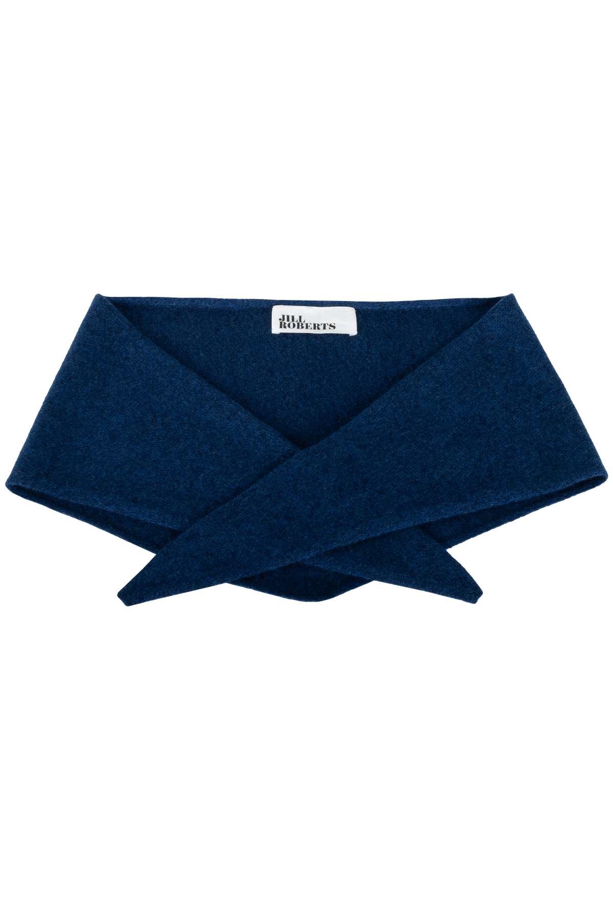 A dark blue knit triangle neck scarf shown flat against a white background. 