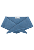 A blue knit triangle neck scarf shown flat against a white background. 