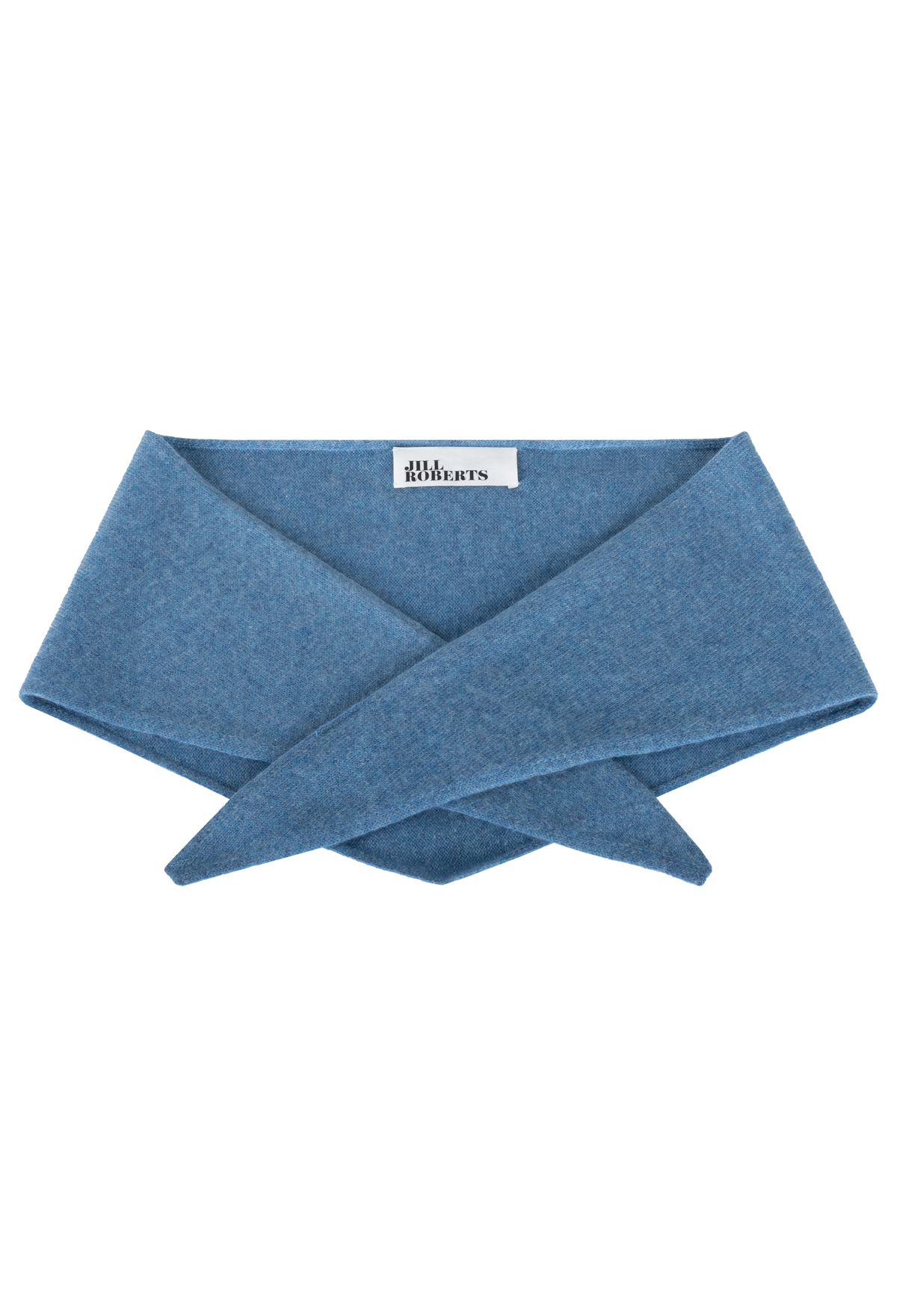 A blue knit triangle neck scarf shown flat against a white background. 
