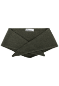 A dark green knit triangle neck scarf shown flat against a white background. 