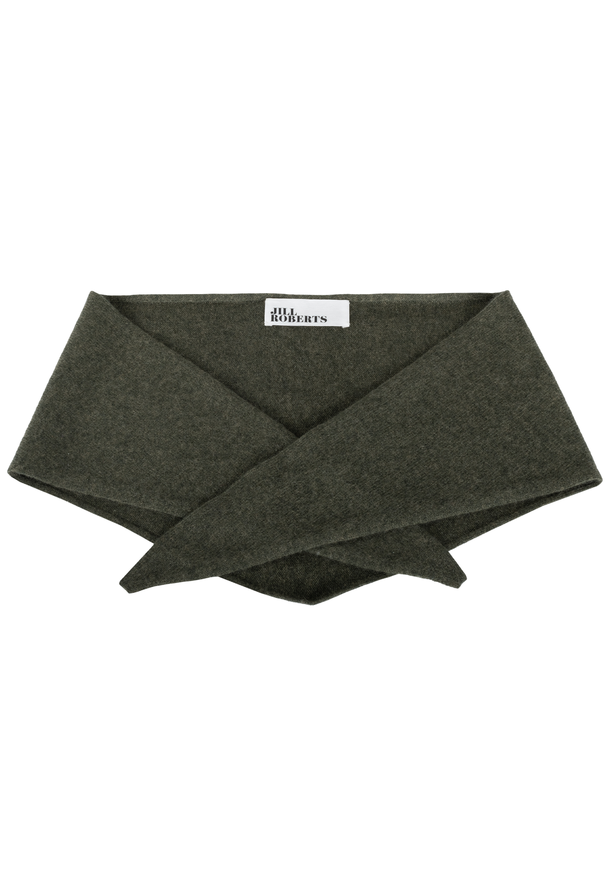 A dark green knit triangle neck scarf shown flat against a white background. 