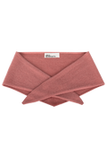 A burnt pink knit triangle neck scarf shown flat against a white background. 