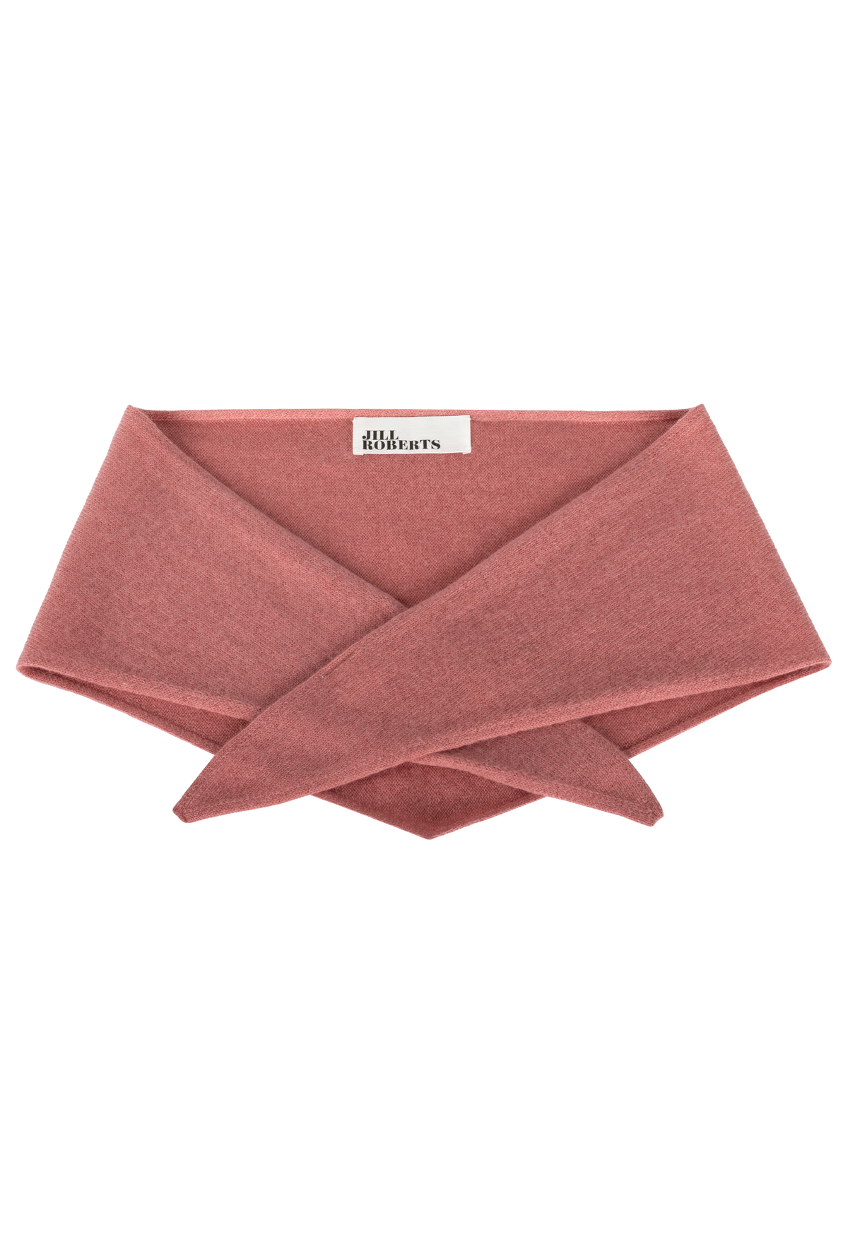 A burnt pink knit triangle neck scarf shown flat against a white background. 